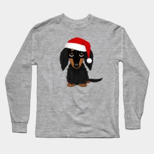 Longhaired Black and Tan Dachshund with Santa Hat Cute Christmas Dog Long Sleeve T-Shirt